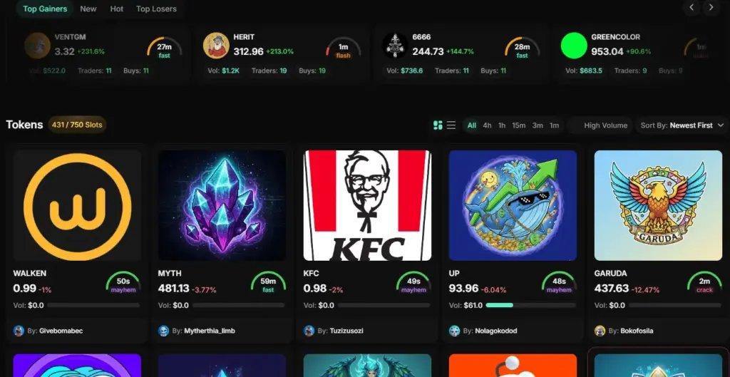 Catapult Trade dashboard displaying synthetic meme token trading, active markets, trading volume, and user activity